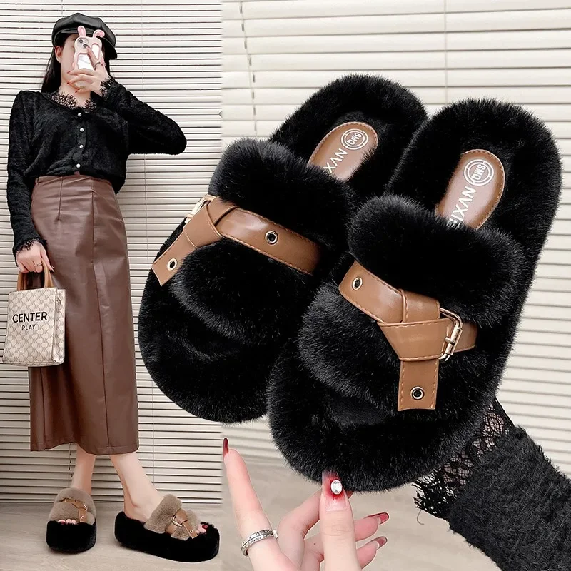 Туфли из флока женские модные дизайнерские меховые тапочки с пряжкой уютные