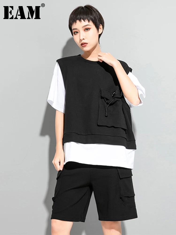 

[EAM] Wide Leg Pants Two Piece Suit New Round Neck Half Sleeve Black Loose Fit Women Fashion Tide Spring Summer 2022
