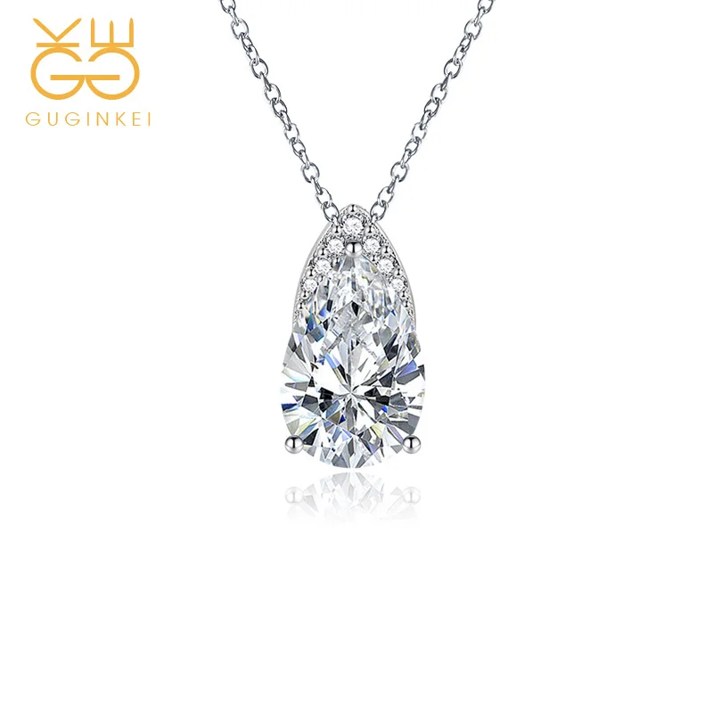 

GUGINKEI Luxury Simple Water Drop Pear Pink Yellow Zircon Pendant Necklaces Women Wedding 925 Sterling Silver Necklace Jewelry