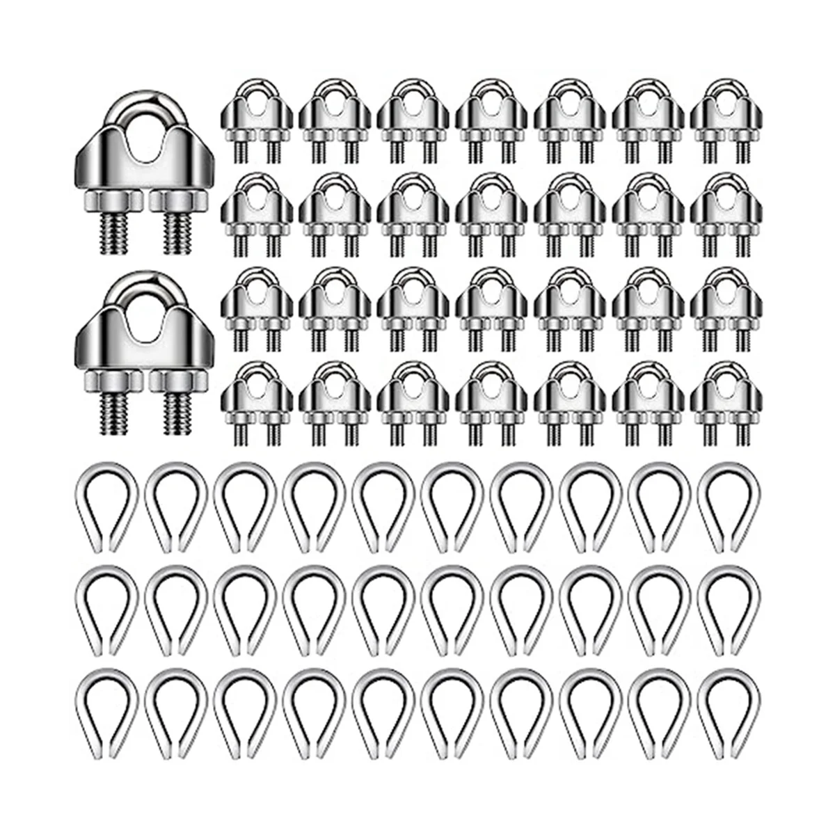 

60 Pcs 1/8Inch Wire Rope Kit M3 Metal Wire Rope Cable Clamp and M3 Stainless Steel Thimbles