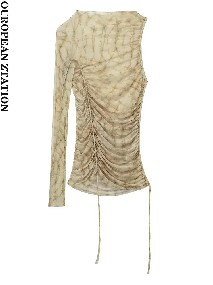 

PAILETE Женская мода 2023 с регулируемой перевязкой полупрозрачная Тюлевая блузка с принтом винтажные женские рубашки с длинным рукавом шикарны...