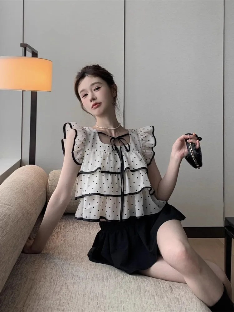 Женские милые рубашки Ezgaga укороченные топы в горошек на шнуровке с квадратным