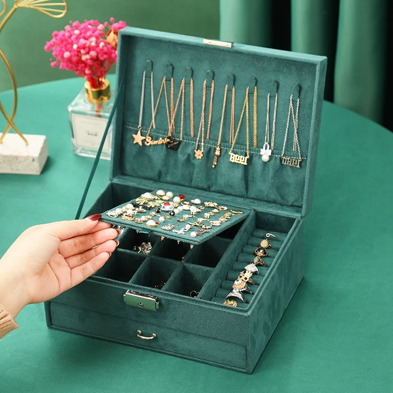 Jewelry Box Organizer, Large Necklace Jewelry Storage Organizer With Drawer Lock Women Jewelry Display Holder Case