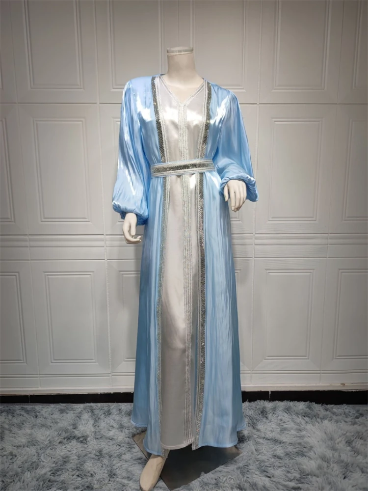 Moroccan Caftan Luxury 2023 Silk Satin Elegant Lantern Sleeve 3pcs Dress Diamonds Abaya Muslim Sets Ramadan Dresses For Women