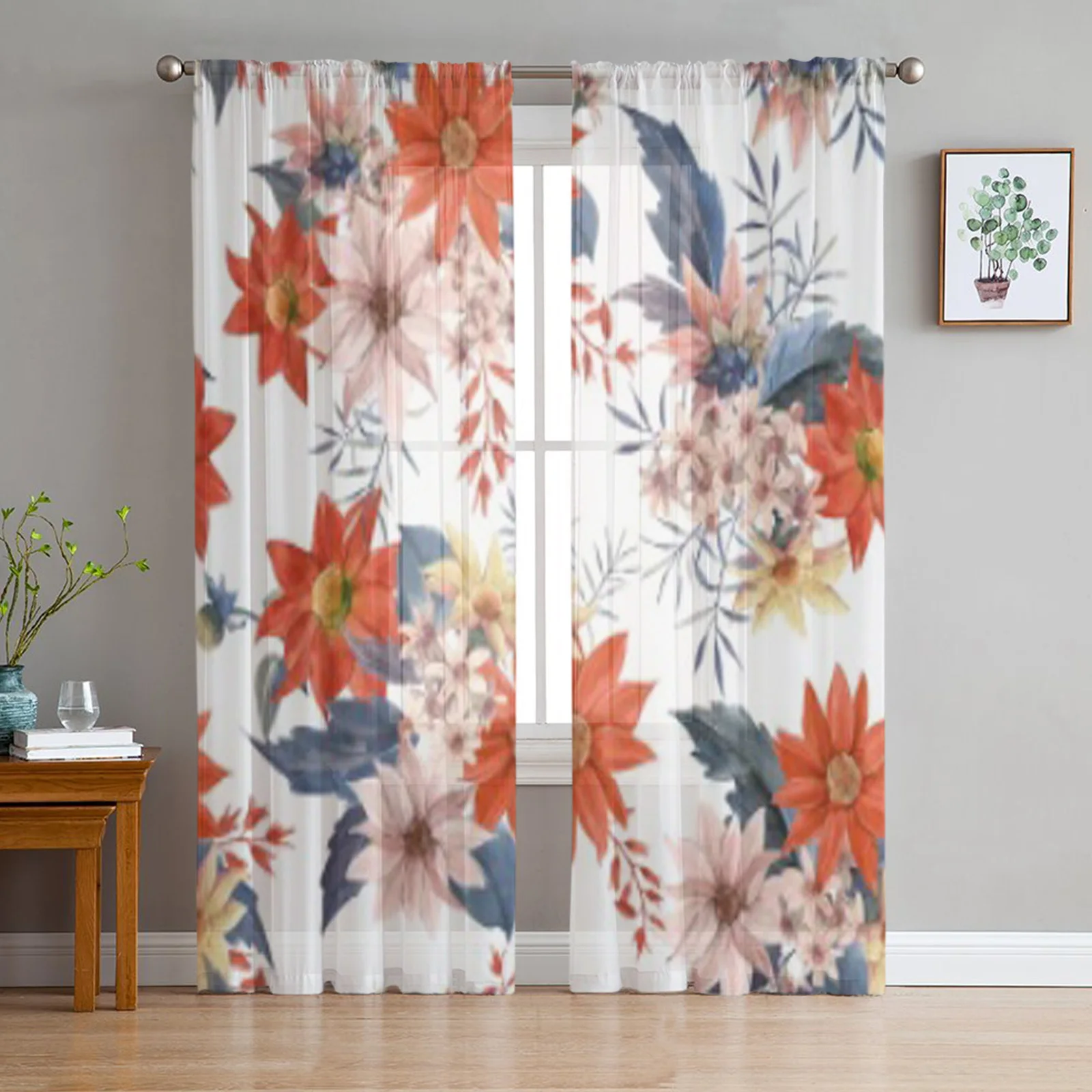 

Watercolor Floral Bouquet Composition Flowers Tulle Sheer Curtains for Living Room Kitchen Decoration Voile Organza Curtains