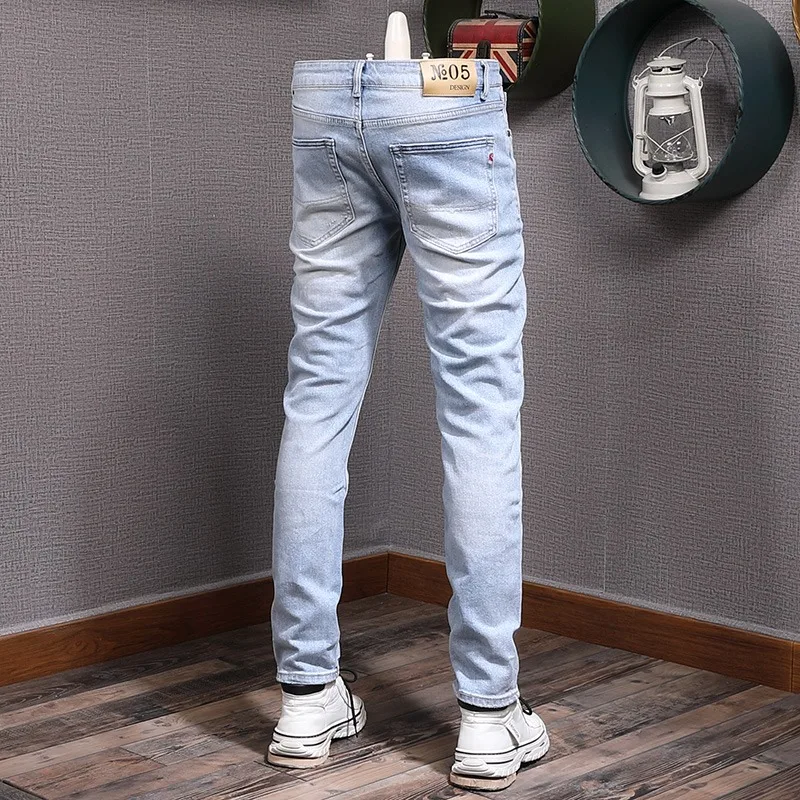 Light Blue Jeans Men 2022 New Streetwear Casual Slim Fit Pencil Pants Fashion Cotton Denim Trousers
