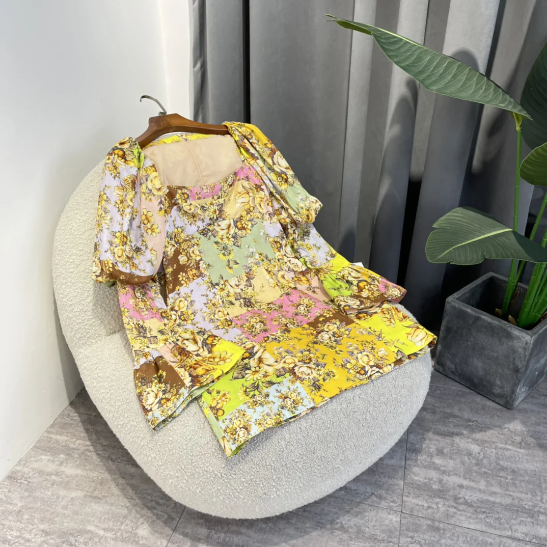 

Puff Sleeve Mini Dresses Women 2022 Latest Summer Ladies Top Quality Linen Yellow Flower Multicolor Plaid Print One Piece