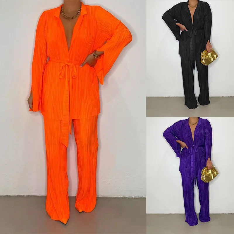 

2023 spring new women's fashion loose long-sleeved shirt and trousers two sets