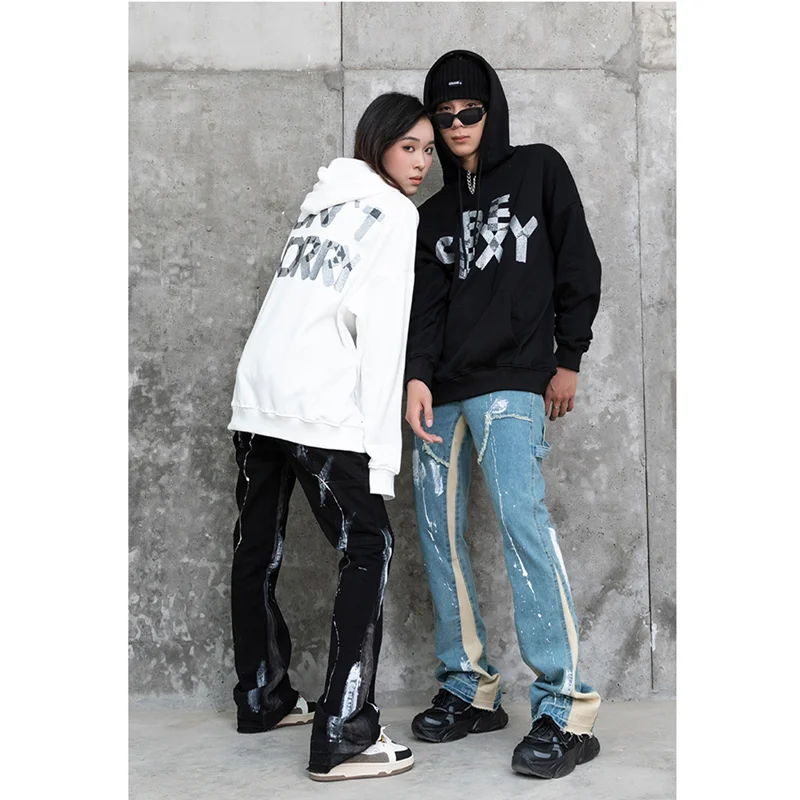 Streetwear Men 2022 New Speckle Graffiti Splicing Casual Jeans Personality Sense of Design Drawstring Trousers Autumn Female
