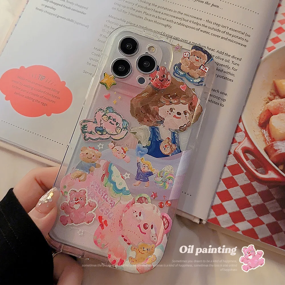 

Oil Painting Little Girl and Bear Party Phone Case for IPhone 14 13 12 11 Pro Mini XS Max 8 7 Plus X SE 2020 XR Shockproof Cover