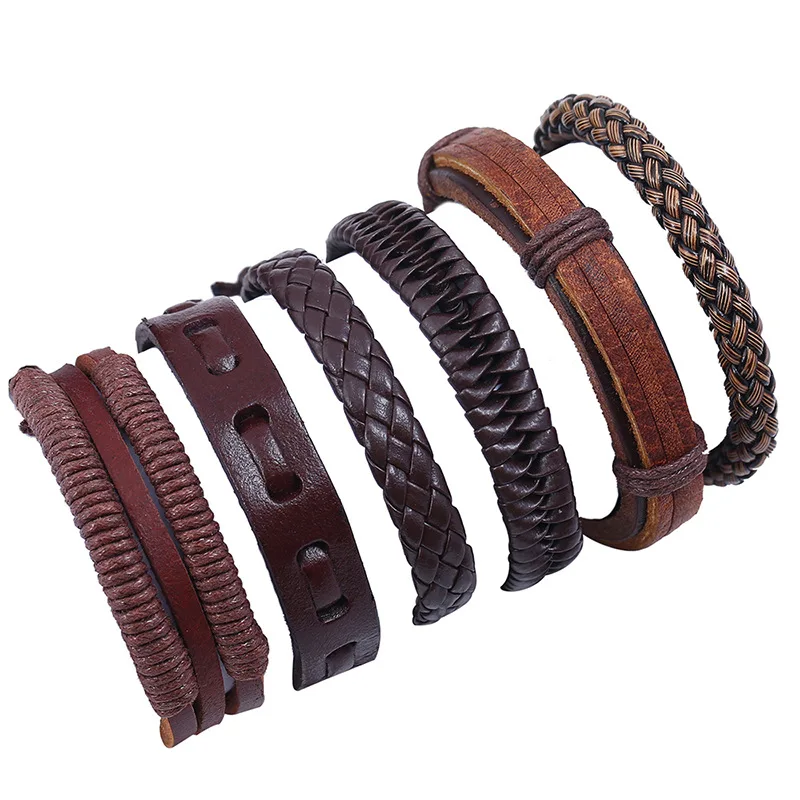 

Men Brown Bracelets 6pcs/set Wrap Woven Fashion Handmade Adjustable Men Bangles Women Leather Bracelet Male Bangle Jewelry Gift