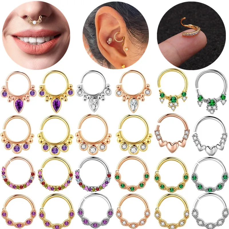 1PCS Copper Crystal Nose Septum Hoop Piercing Daith Earrings Hoop Cartilage Piercing Helix Jewelry Nose Ring Hoop Real Piercing