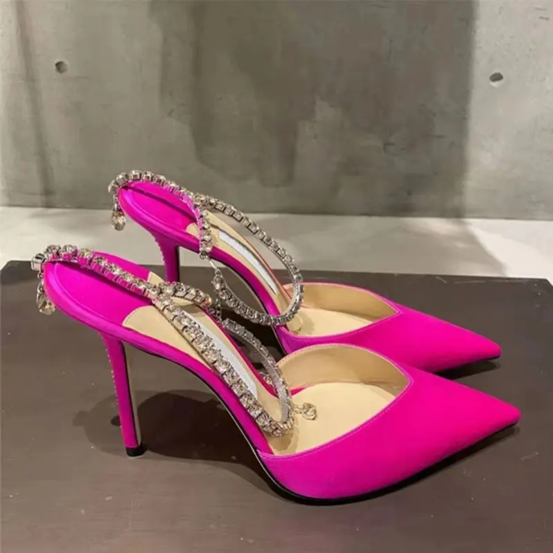 

2022 Women Sexy Pointed Toe String Bead Crystal Pumps for Party Wedding Summer Rhinestones Chains Back Strap 9cm High Heel Shoes