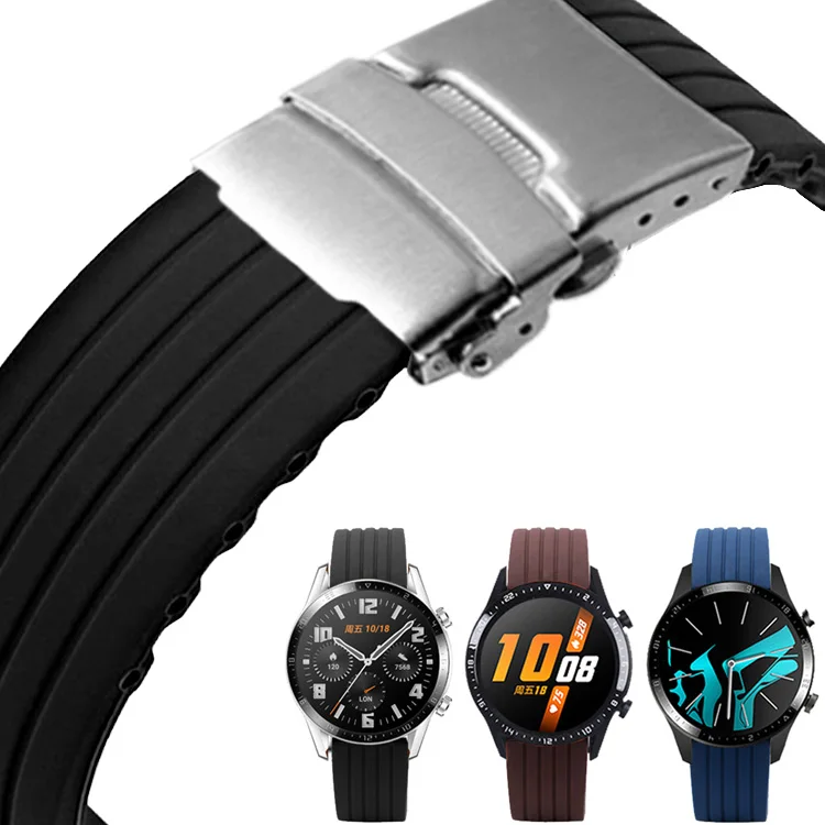

Silicone Watch Strap 16mm 18mm 20mm 22mm 24mm Tire Stripes Band Deployment Buckle Waterproof BLack Watchband