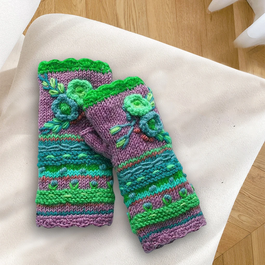 

1 Pair Knitted Fingerless Gloves Thermal Flower Embroidery Winter Camping Travel Outdoor SportsDriving Skating Mittens for Woman