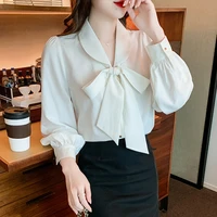 solid white bow tie peter pan collar office ladies women shirt pearl buttons long lantern sleeve shirts female vintage blouse