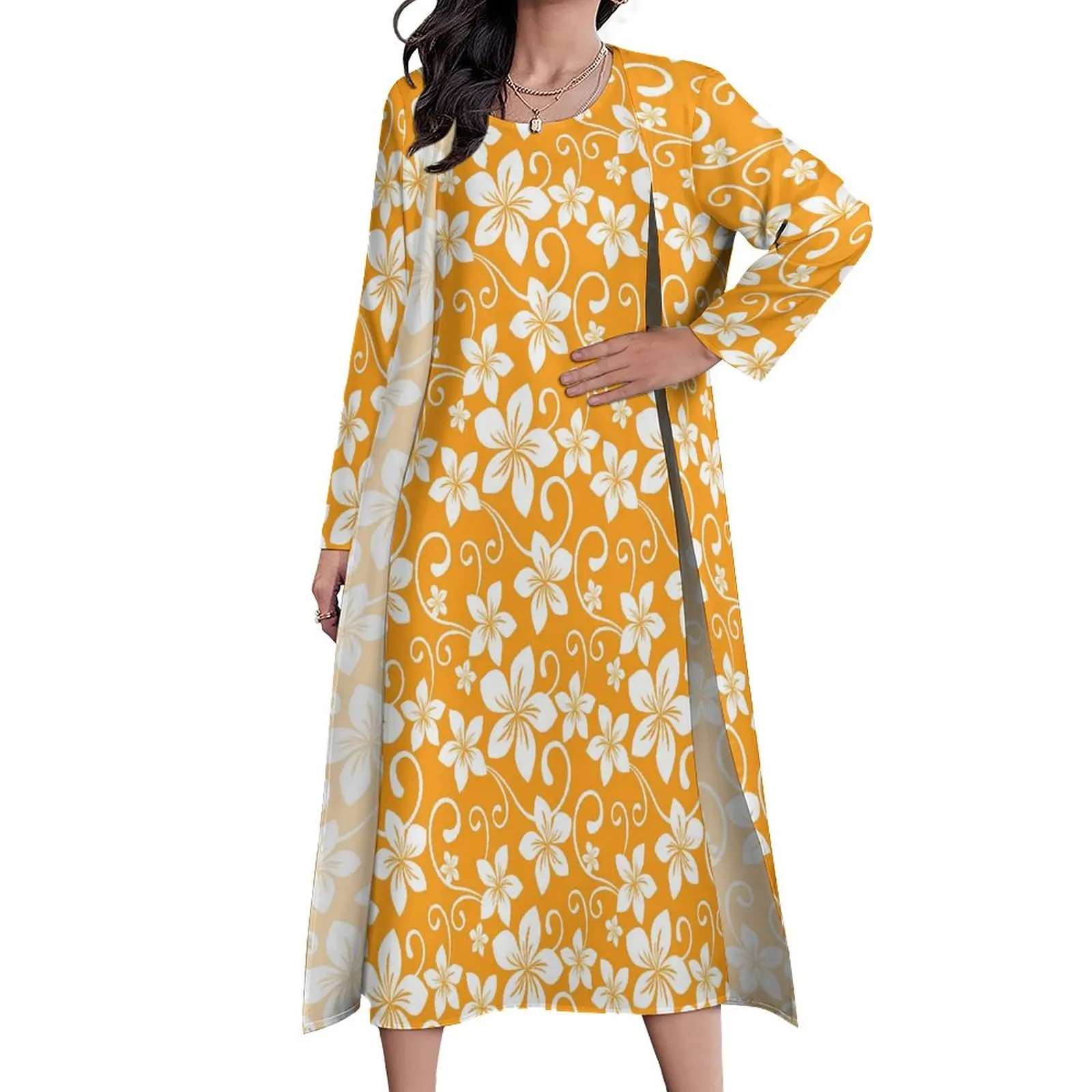 

Tropical Floral Dress Yellow Flowers Print Beach Maxi Dress Street Fashion Boho Beach Long Dresses Woman Long Sleeve Clothing