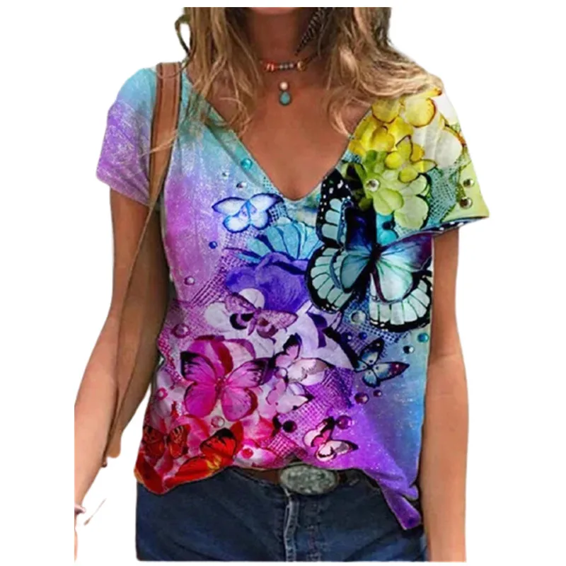 

Женская Свободная Повседневная футболка с коротким рукавом и V-образным вырезом, топ с 3D принтом бабочки, большой размер, удобная уличная од...