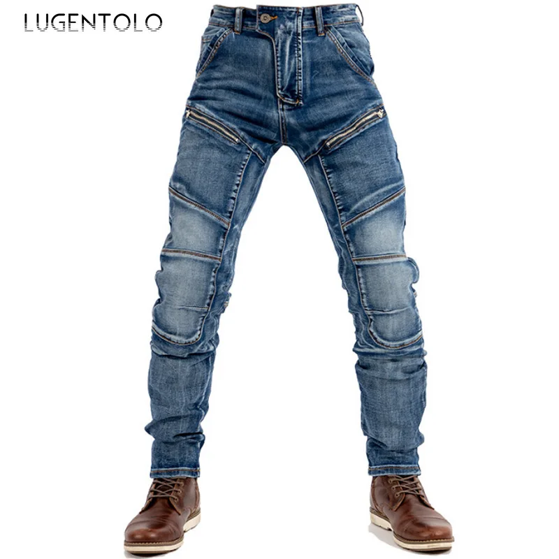 

Men Moto Jeans Zipper Fashion Splicing Four Seasons Skinny Mid Waist Casual Trousers Mens Straight Long Jeans Lugentolo