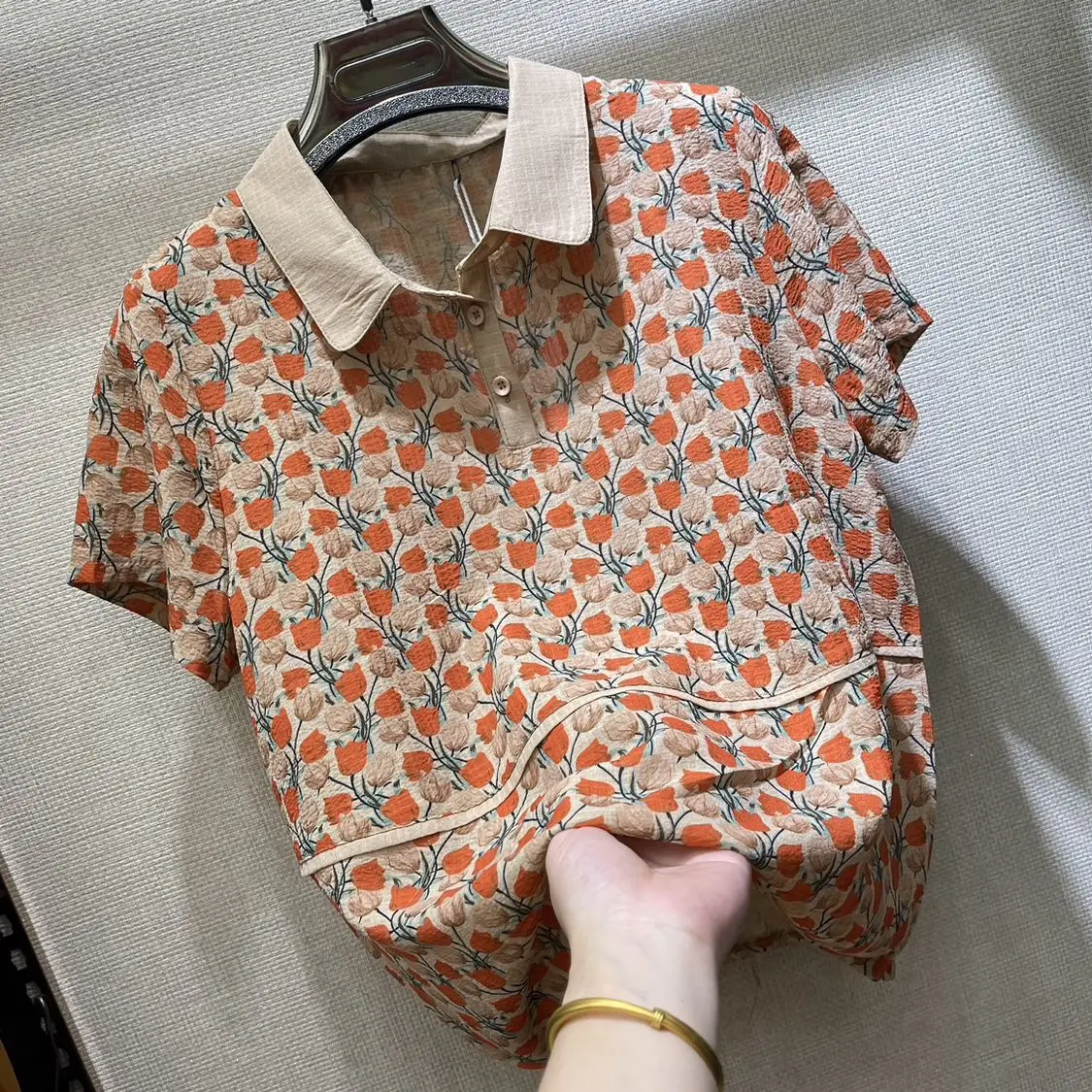 

2023 New Summer Colored Collar Print Short Sleeve Shirt Thin Panel Loose Top
