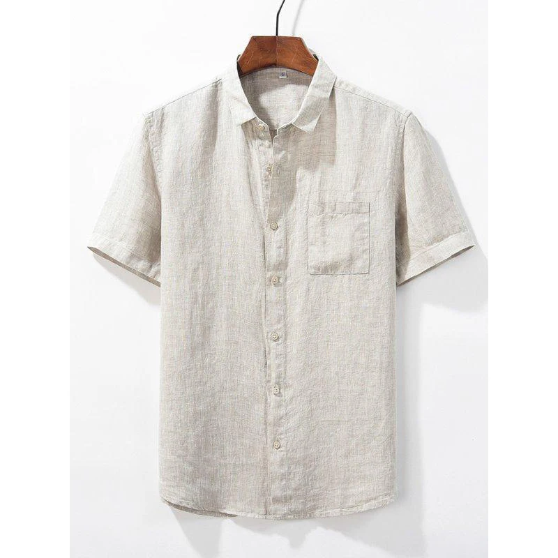 

2022 Summer New Loose Solid Color Casual Lapel Shirt Black Green Single Breasted Men's Short Sleeve Tops Shirt Clothing