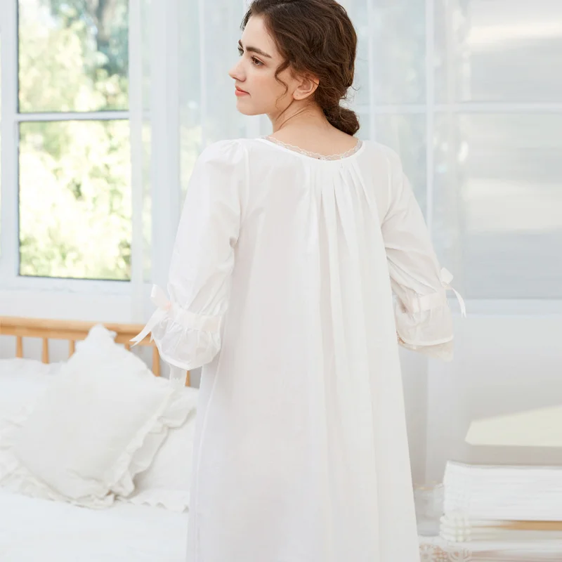 Spring Womens Nightdress Cotton Bow 3/4 Sleeve Sleepshirt Lace Thin Nightgown Loose Comfy Casual Breathable Sleepdress Plus Size