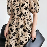 2022 retro rose flocking dress high waist texture mid length puff sleeve floral skirt summer dress dress elegant club dress