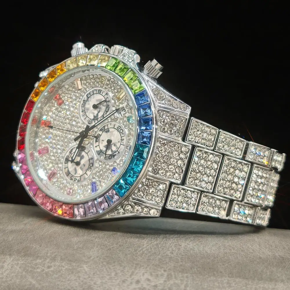 Фото Модные часы со льдом, мужские брендовые часы UNIGUET, роскошные кварцевые наручные часы из нержавеющей стали в стиле хип-хоп с радужными бриллиантами, мужской подарок, дропшиппинг №2