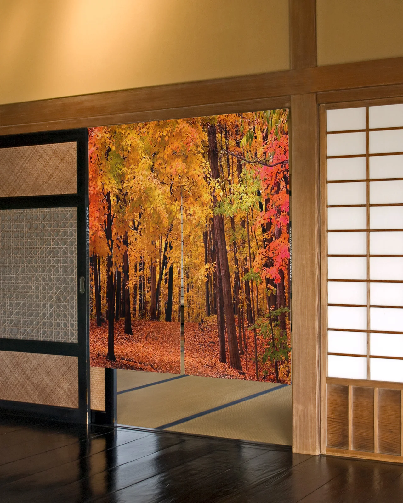 

Осенний лес, желтые листья, пейзаж, дверная занавеска, японская перегородка, кухня, декоративные драпировки, вход, подвесная полузанавеска