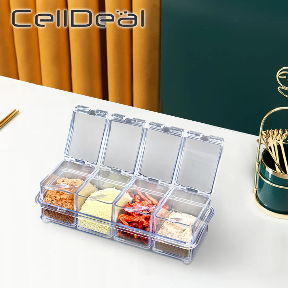 

Seasoning Jar Four In One With Spoons Kitchen Organizer Tools Transparent Spices Sugar Salt Storage Boxes Kitchen Accessories