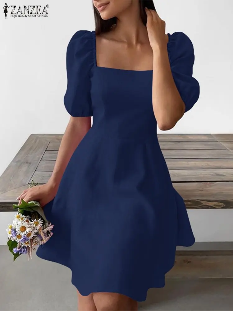 

Женское платье-трапеция с квадратным вырезом, элегантное однотонное праздничное платье ZANZEA в стиле кэжуал, лето 2022