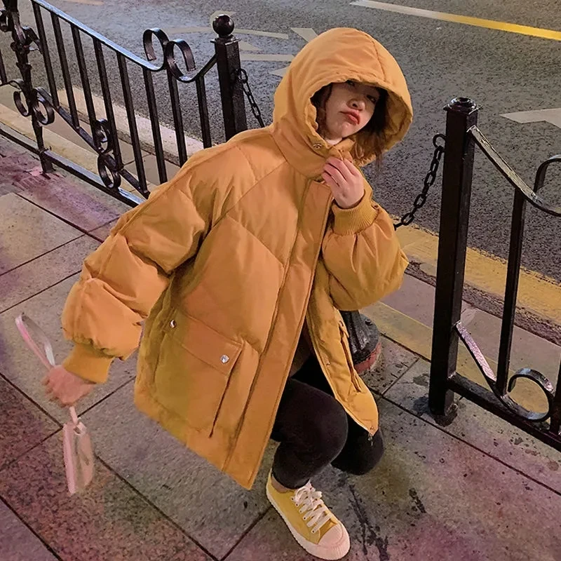 

Down Cotton Jacket Women Autumn Winter 2023 New Solid Color Hooded Cotton Coat Korean Style Casual Loose Parkas Womens
