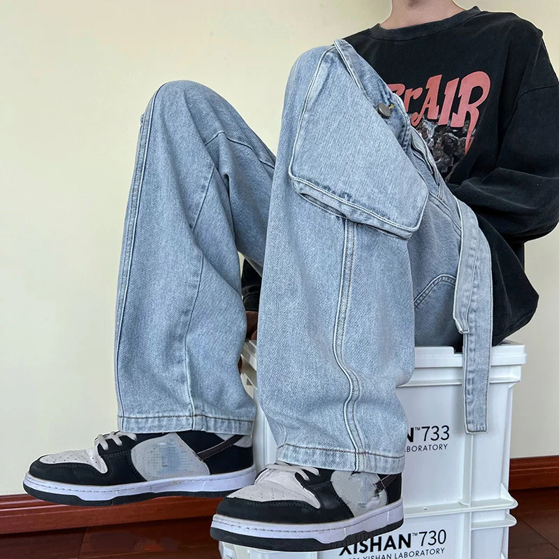 2023 New Men Cargo Jeans Wide Leg Pants Multiple Pockets Baggy Denim Trousers Hip Hop Streetwear Skateboard Neutral Male Clothes