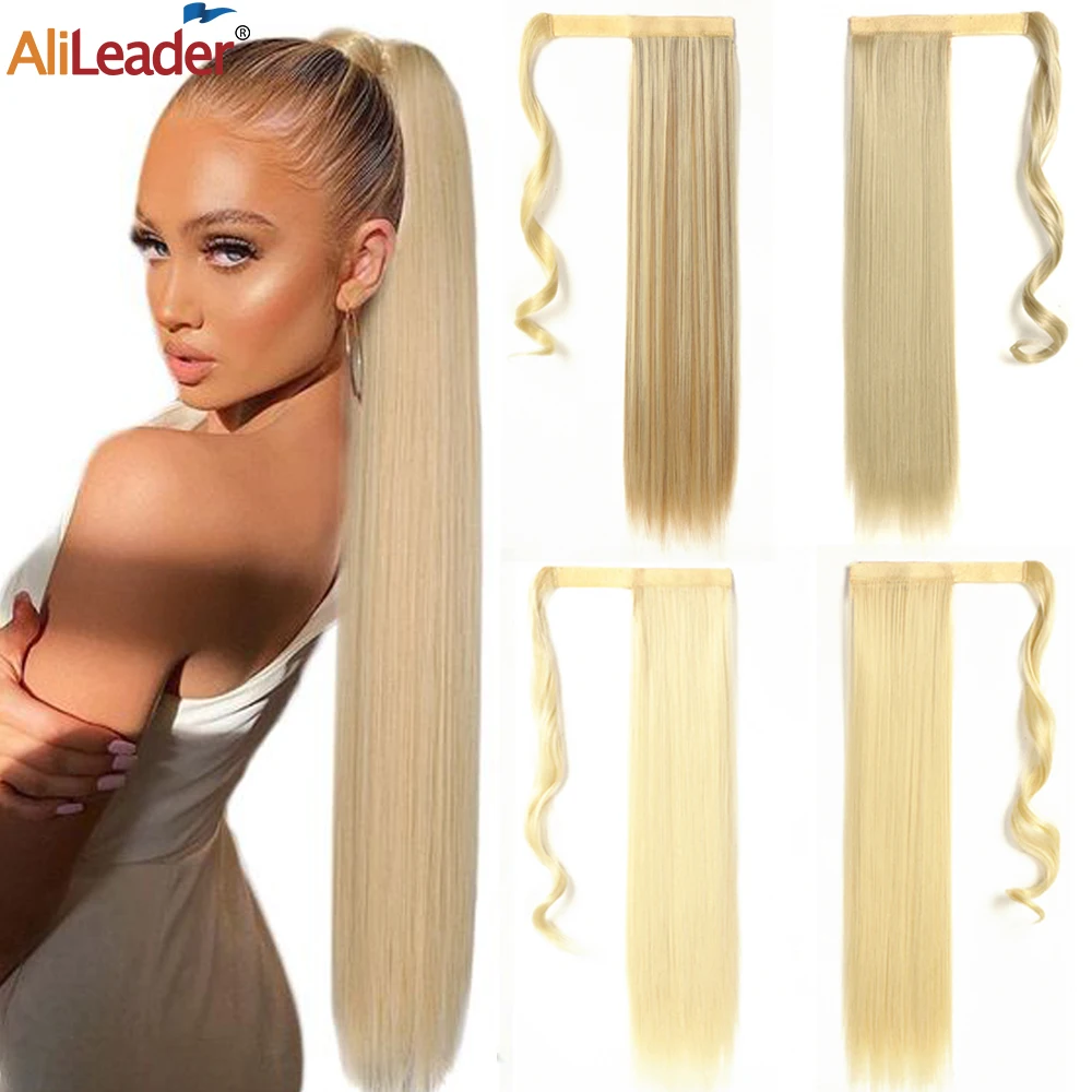

Synthetic Straight Ponytail Extensions Wrap Around 22 Inch Clip In Ponytail Hair Extension Hairpieces Blonde Fake Hair For Women