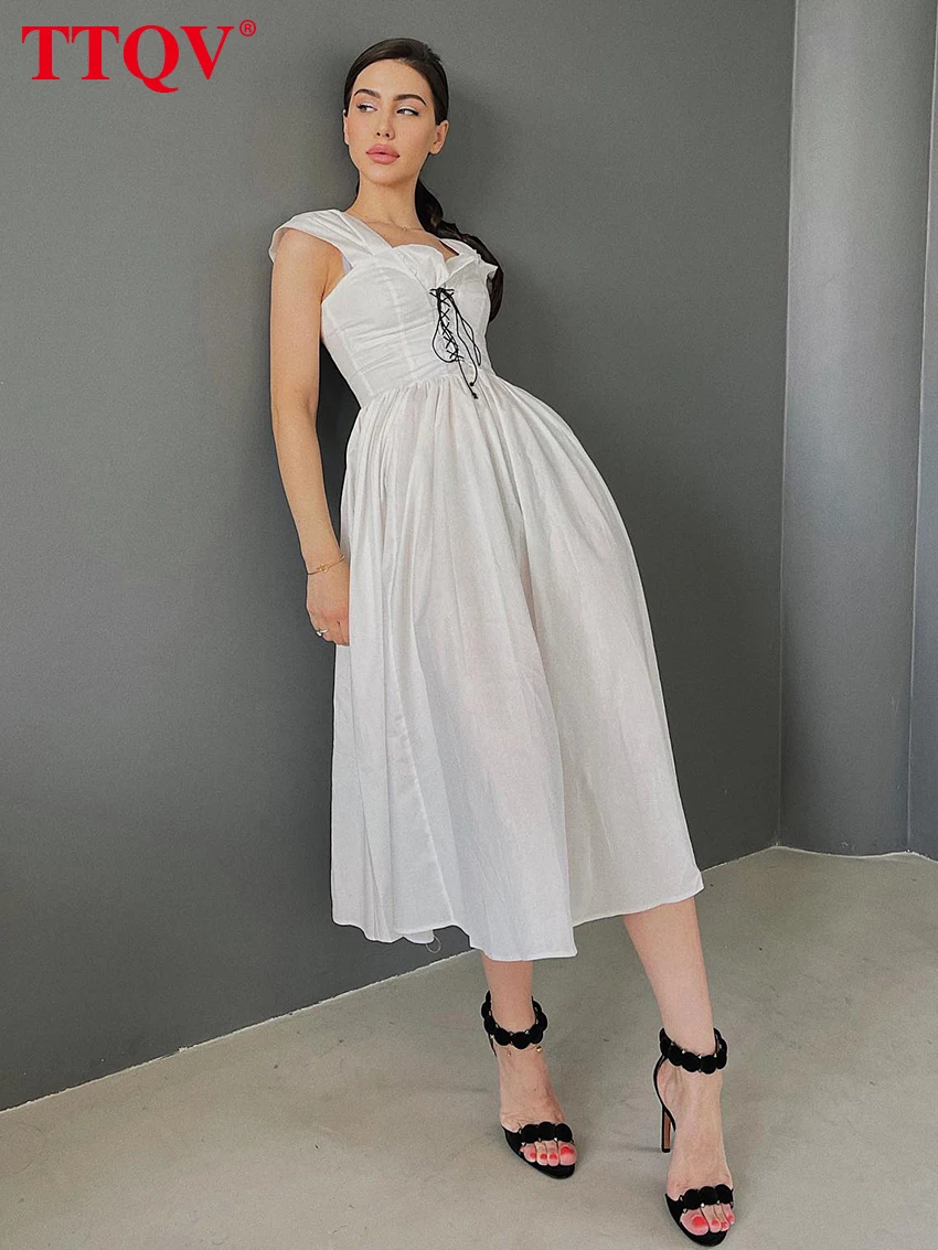 

TTQV Fashion White Cotton Womens Dresses 2023 Elegant Square Neck Solid Sleeveless Dresses Casual Lace-up High Waist Midi Dress