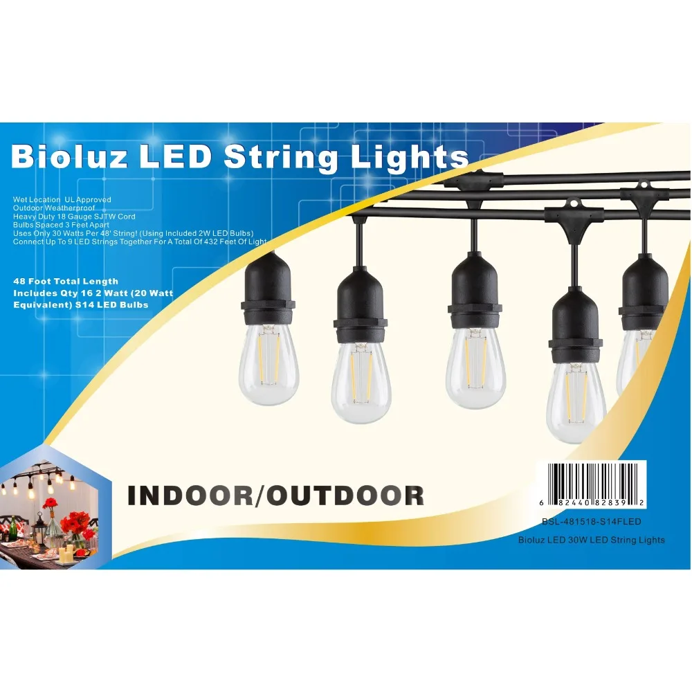 

LED 48' Outdoor String Lights for Patio Porch Bistro Deck and Garden, 15 Weatherproof Sockets, UL Listed