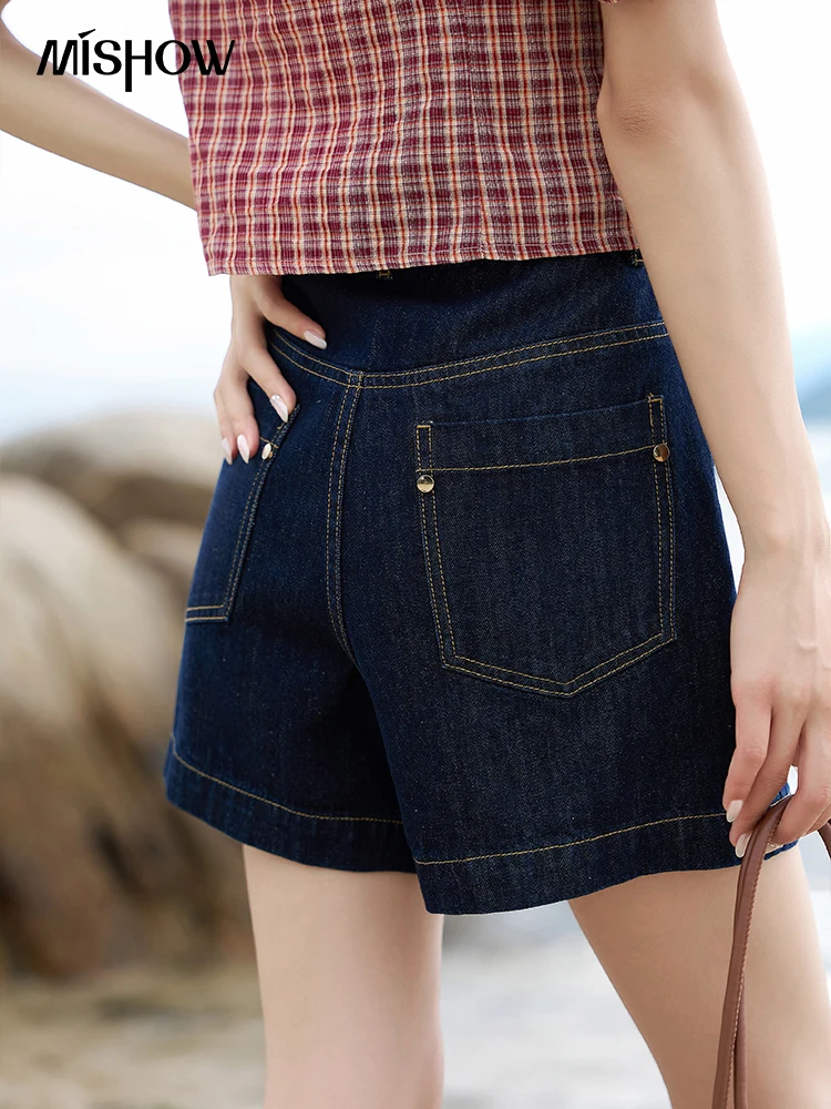 MISHOW 100Denim Cotton Shorts for Women 2023 Summer High Waist A-line Pocket Wide Leg Loose Female Casual Short Pants MXC38K0431