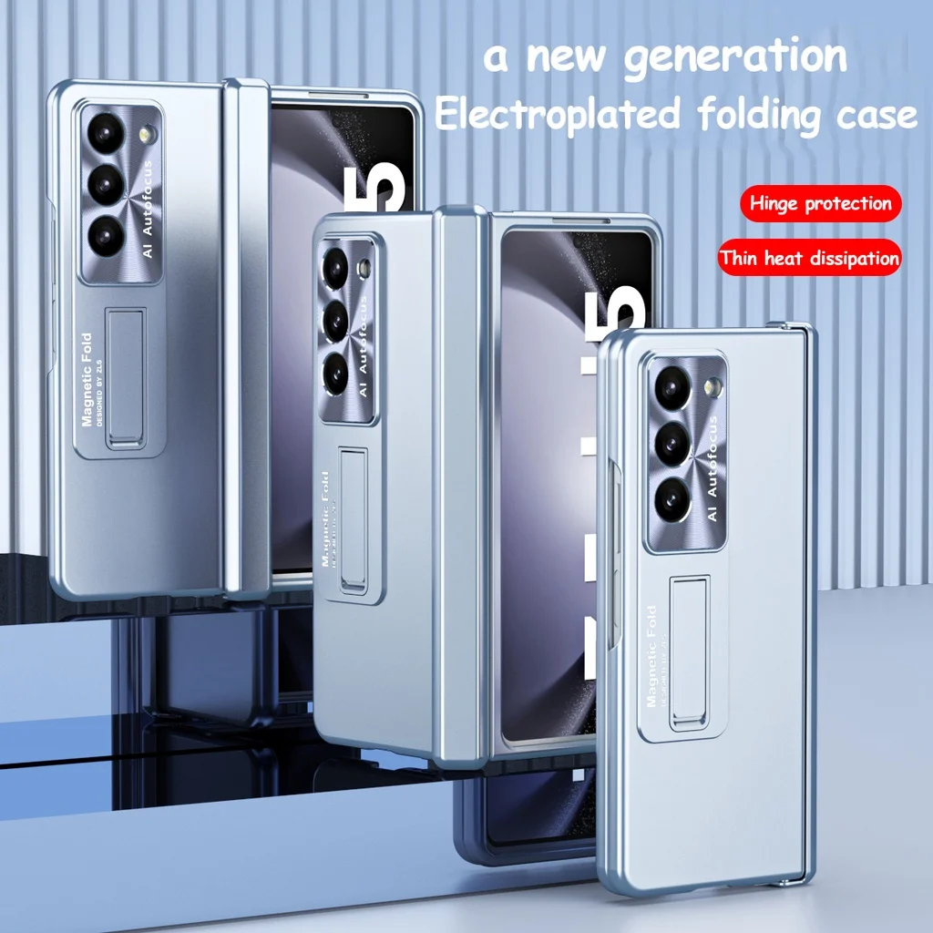 

For Samsung Galaxy Z Fold 5 Electroplated PC Hard shell Stand Holder Tempered Glass With hinge Cover For Galaxy Z Fold5 5G