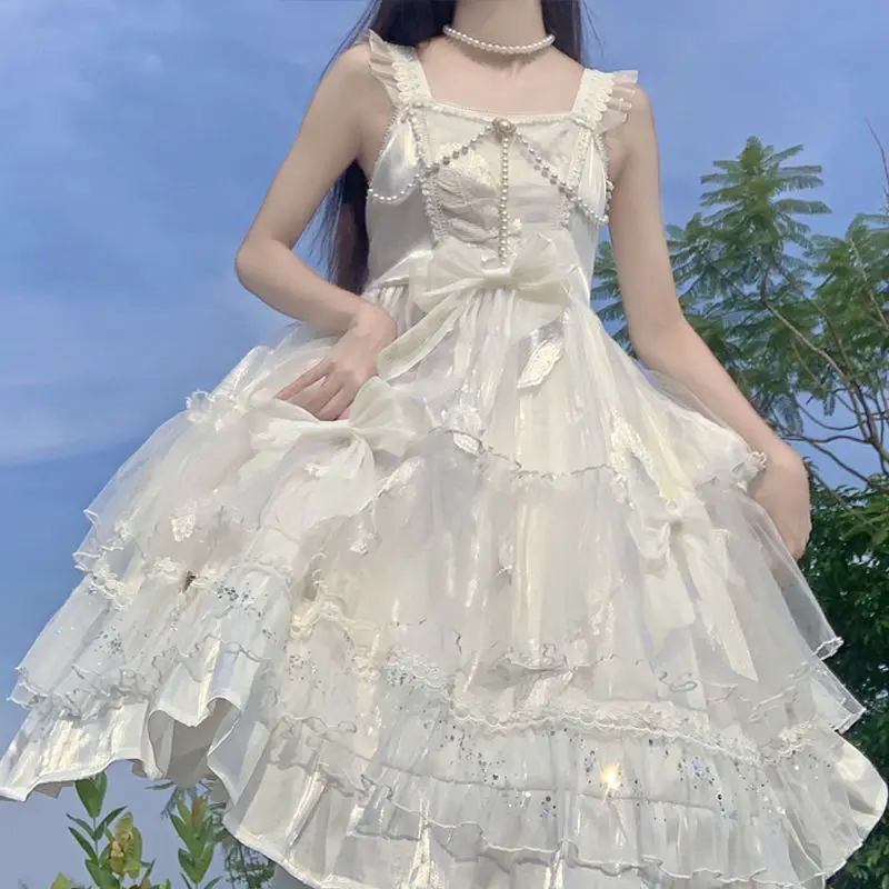 

2022 Summer Retro Gothic Bow Reflective Lolita Dress Black Punk Sweet Girls Anime Cosplay JKS Dress Harajuku Party Sling Dress