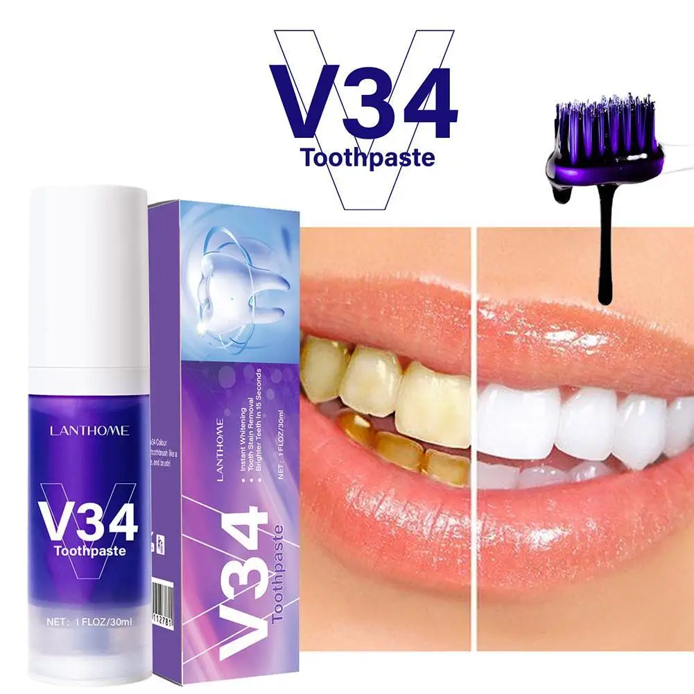 

1pc V34 Purple Tone Brightening Toothpaste Whitening Teeth Whitening To Remove Tartar Yellow Stains Dazzling Cleaning Smell Good