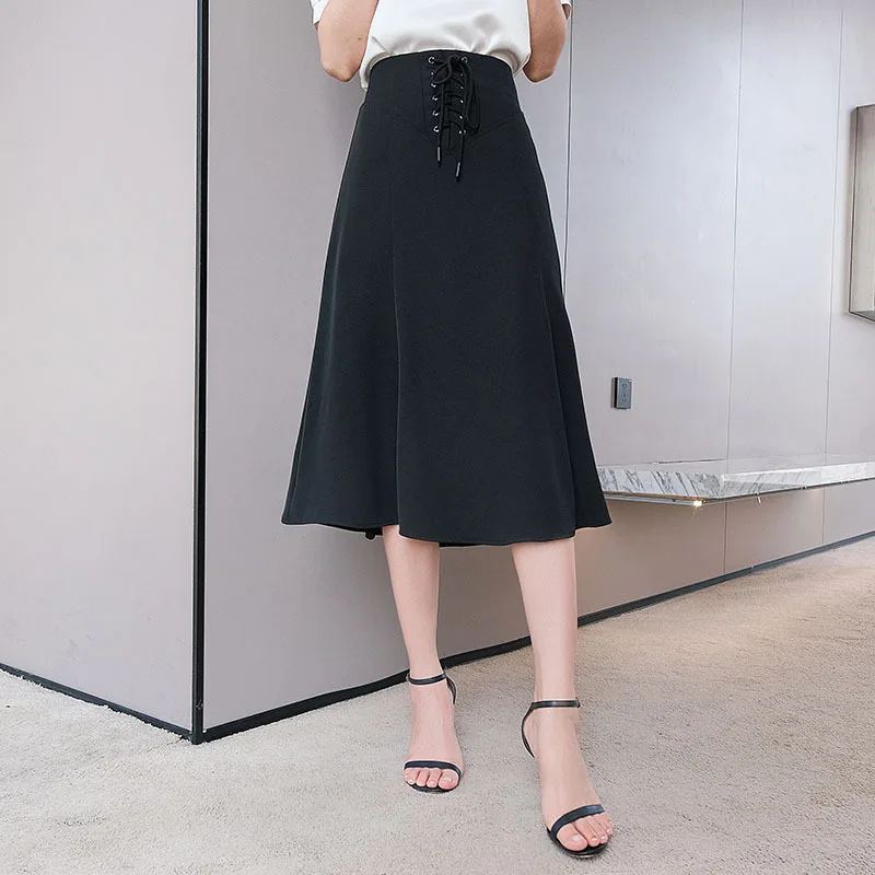 

Women Spring NEW Basic A-line Skirt Ladies Fashion Suit Skirt Drawstring High Waist Umbrella Black Skirt