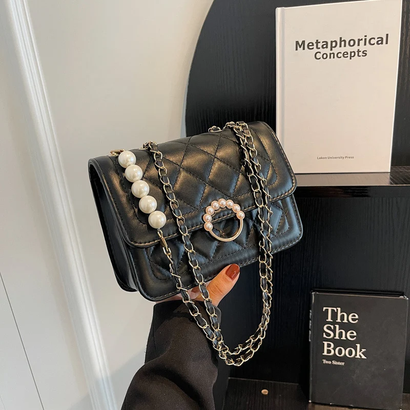 

Women Fashion Pearl Chain Bag Casual Shoulder Bag Solid Color Messenger Bag Small Square Bag Large Capacity Female Crossbody Bag