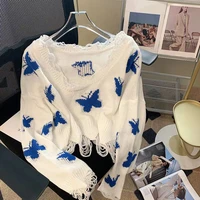korean fashion butterfly print knitted sweater woman harajuku sweet oversized cropped tops off shoulder casual loose jumper y2k