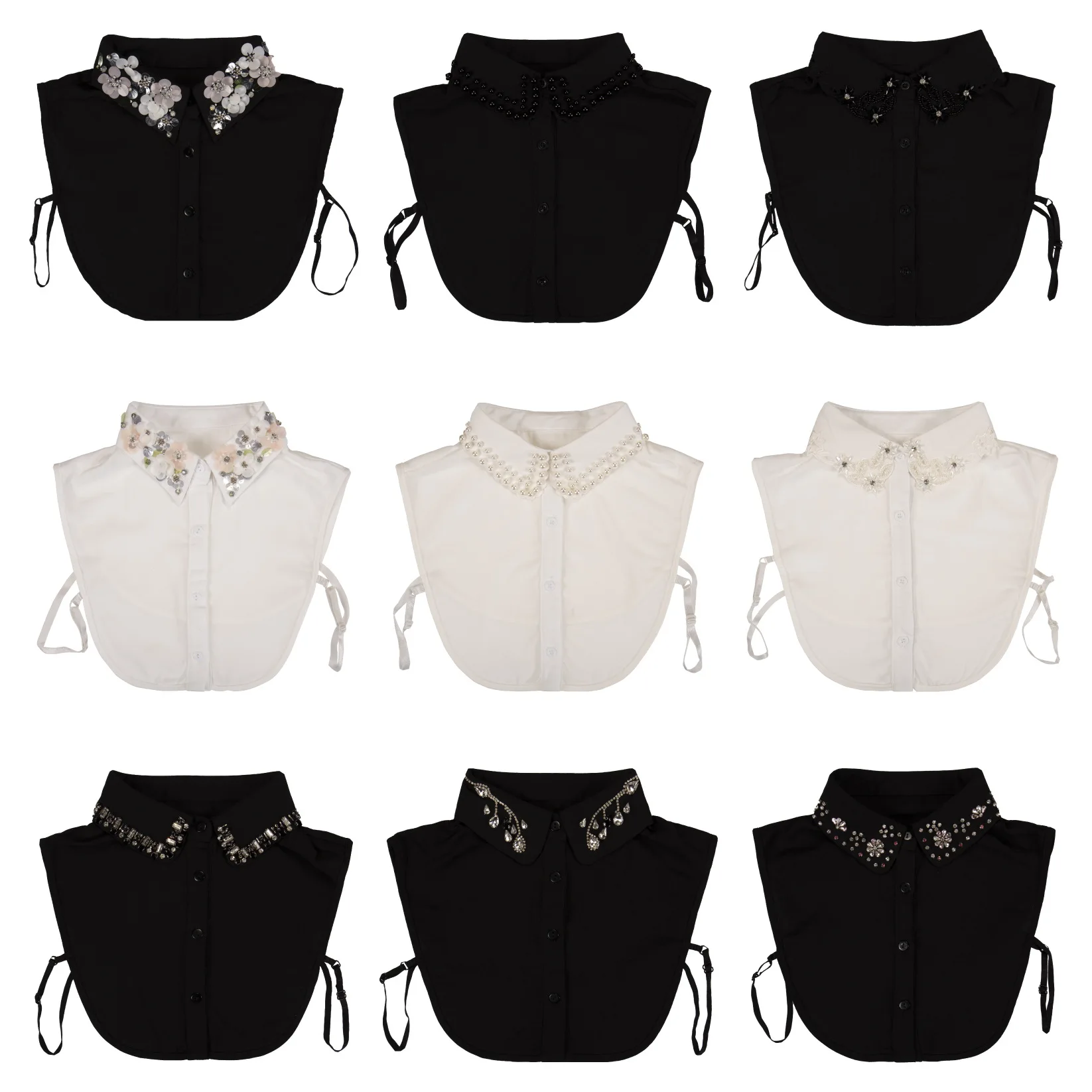 

Ladies Black White Shirt False Collar Embroidery Fake Collar Women Lapel Thin Blouse Top Detachable Collars Shirt Neckwear Decor