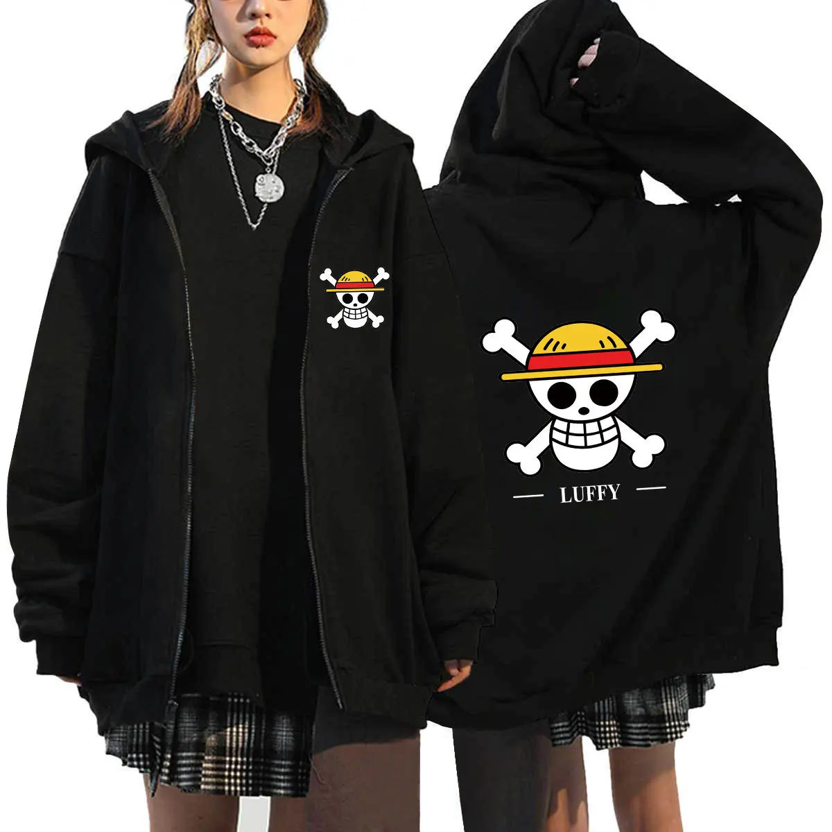 

Y2K Autumn Couple Cardigan Sweater Anime Pirate King Print Fleece Fleece Zipper Sweater Cardigan Coat