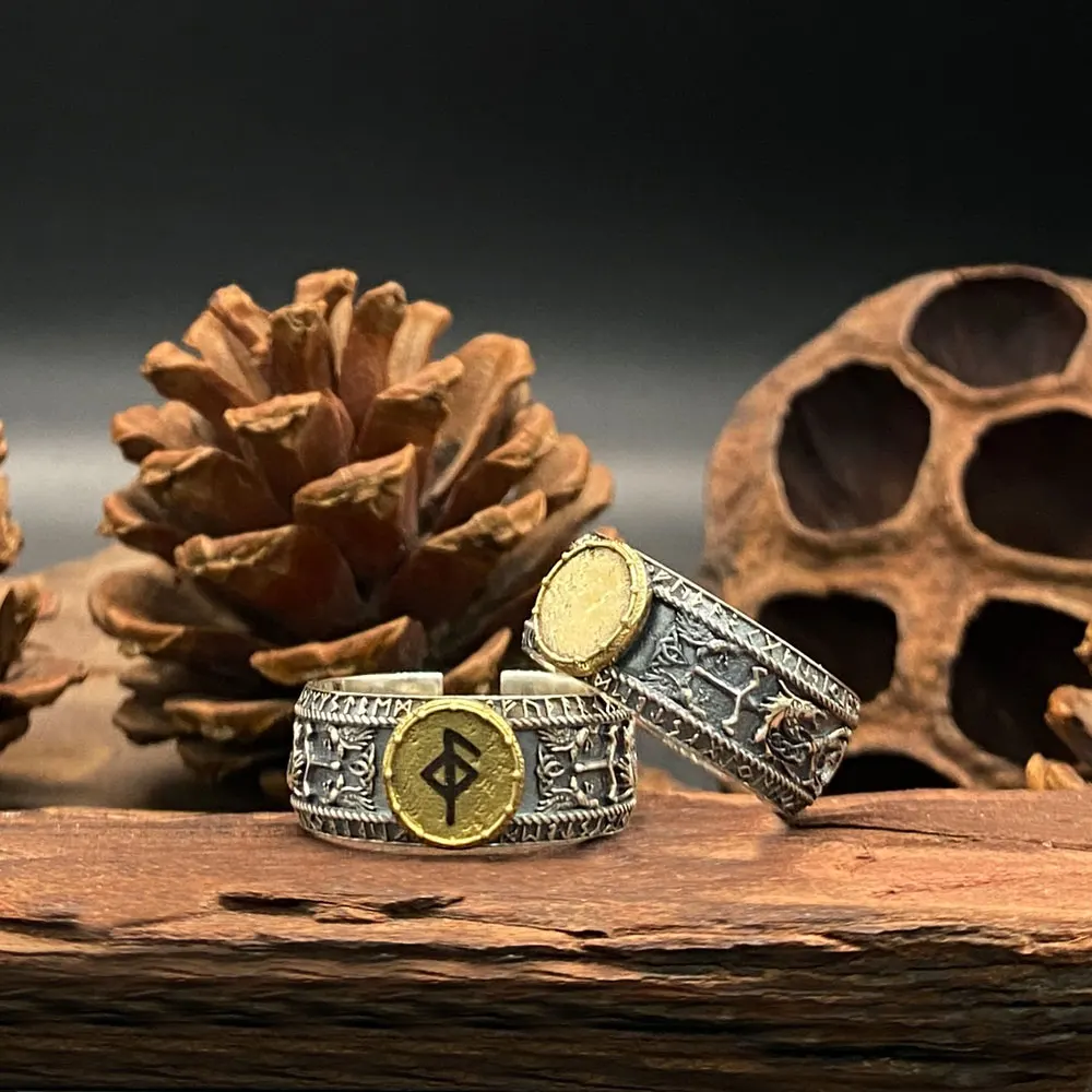 Мужское кольцо в виде здоровой руны серебро 925 пробы винтажное инкрустированное