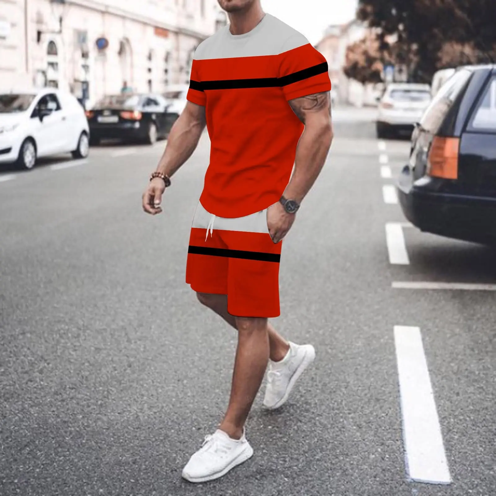 Summer Men's Tracksuit Set T-Shirt Shorts 2-piece Striped Splicing Fashion Fitness Sportswear Large Size Jogging Suit Streetwear