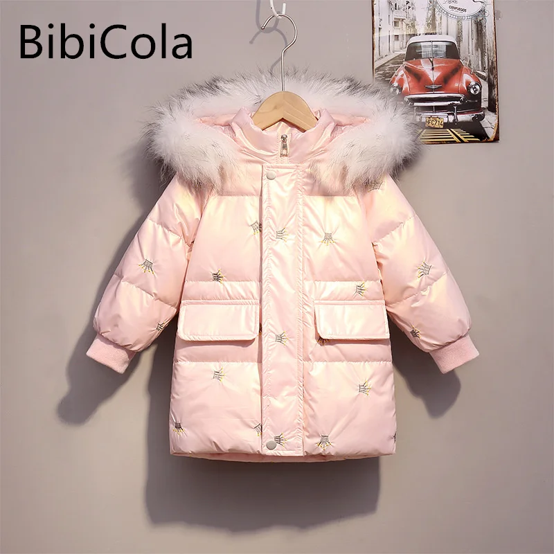 

Белые куртки-пуховики на утином пуху для девочек детские парки с капюшоном и воротником из натурального Лисьего меха Длинные Стильные двус...