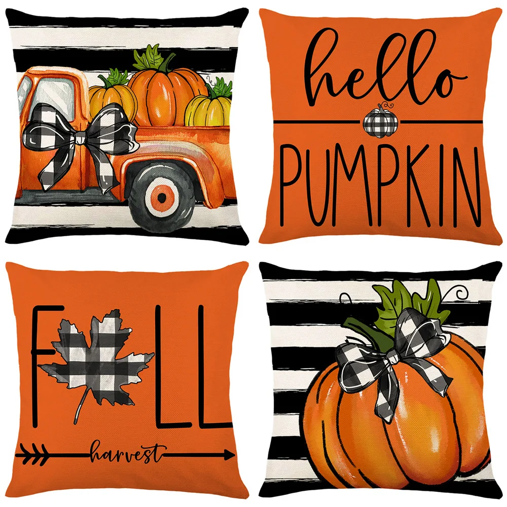 

Orange Pillowcase Black and White Striped Cushion Cover Pumpkin Truck Pillow Cover Happy Fall Thanksgiving Gift Home Decorations