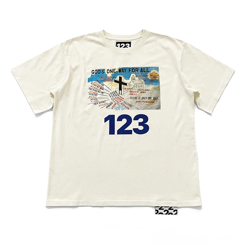 

2022 Top Version High Street Fashion Brand RRR123 Church Cross Printed Women Men T shirts tees Hiphop Oversized Men T shirt